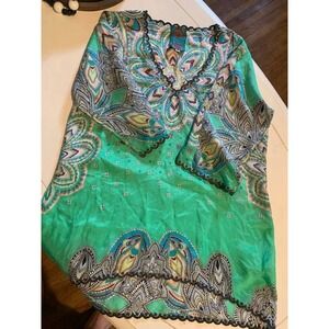 Johnny‎ Was PS Tunic Green Paisley Crochet Trim Boho Silk Blouse sz sm